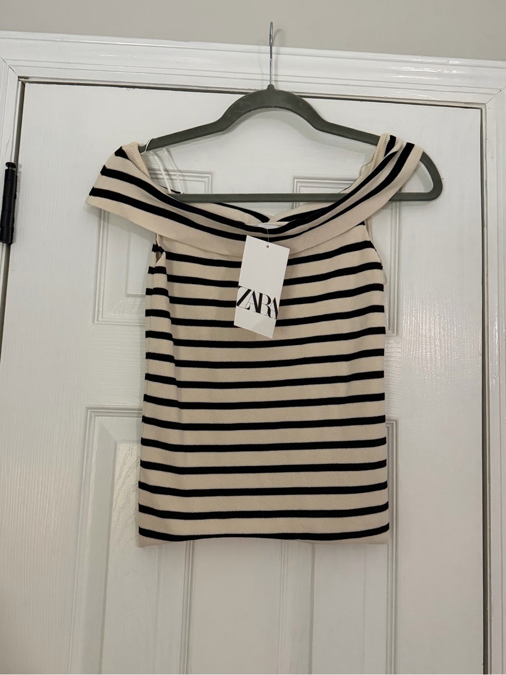 Zara Cream and Black Striped Off-Shoulder Camisole Top